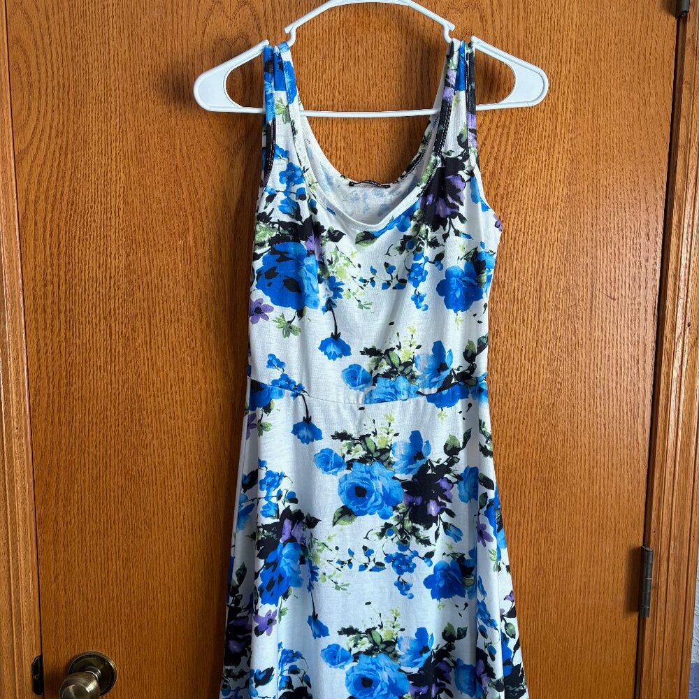 White A-Line Swing Style Dress with Blue and Purple Flowers